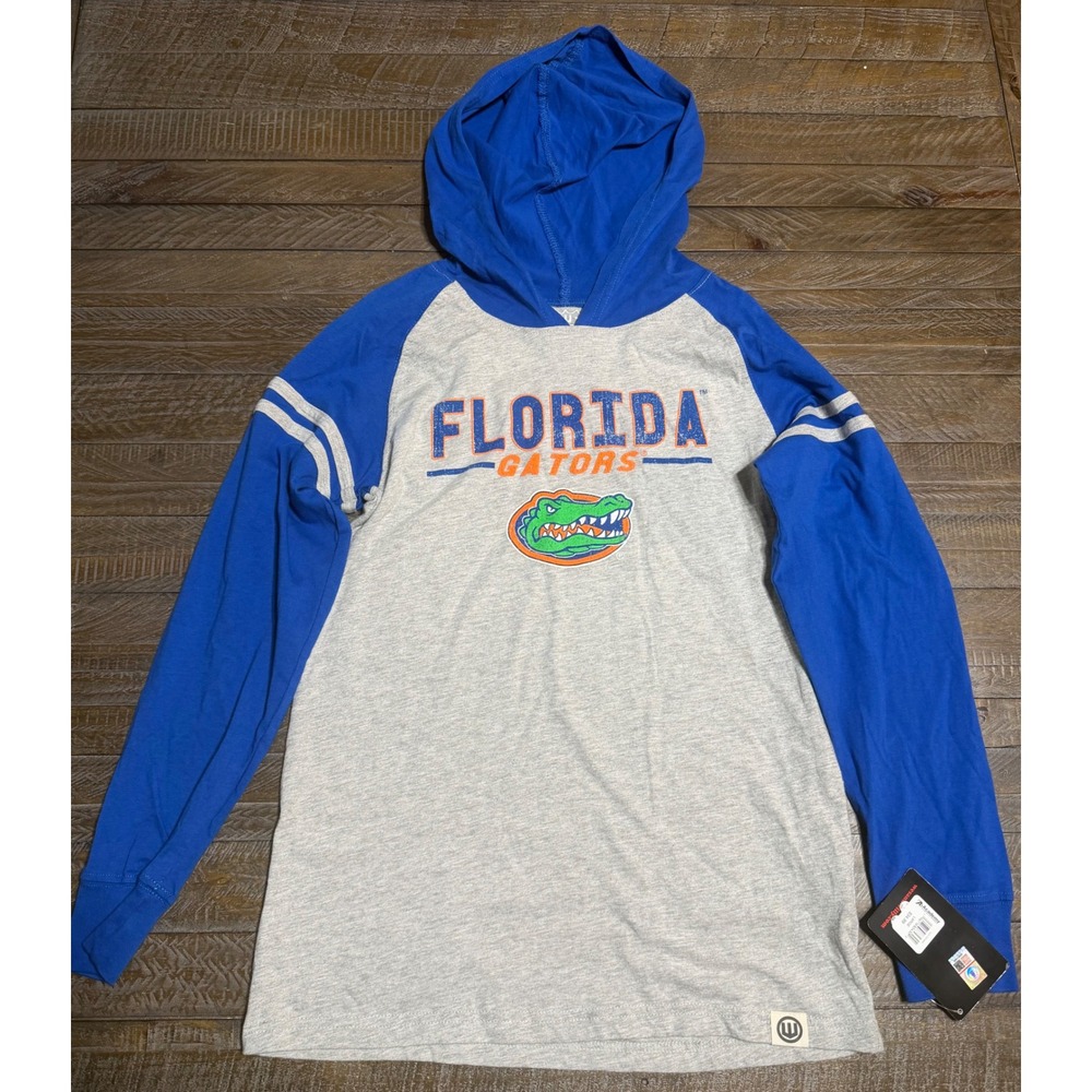 Wes and Willy Florida Gators Hooded Tee Kids L 14/16 Blue Grey NWT Raglan